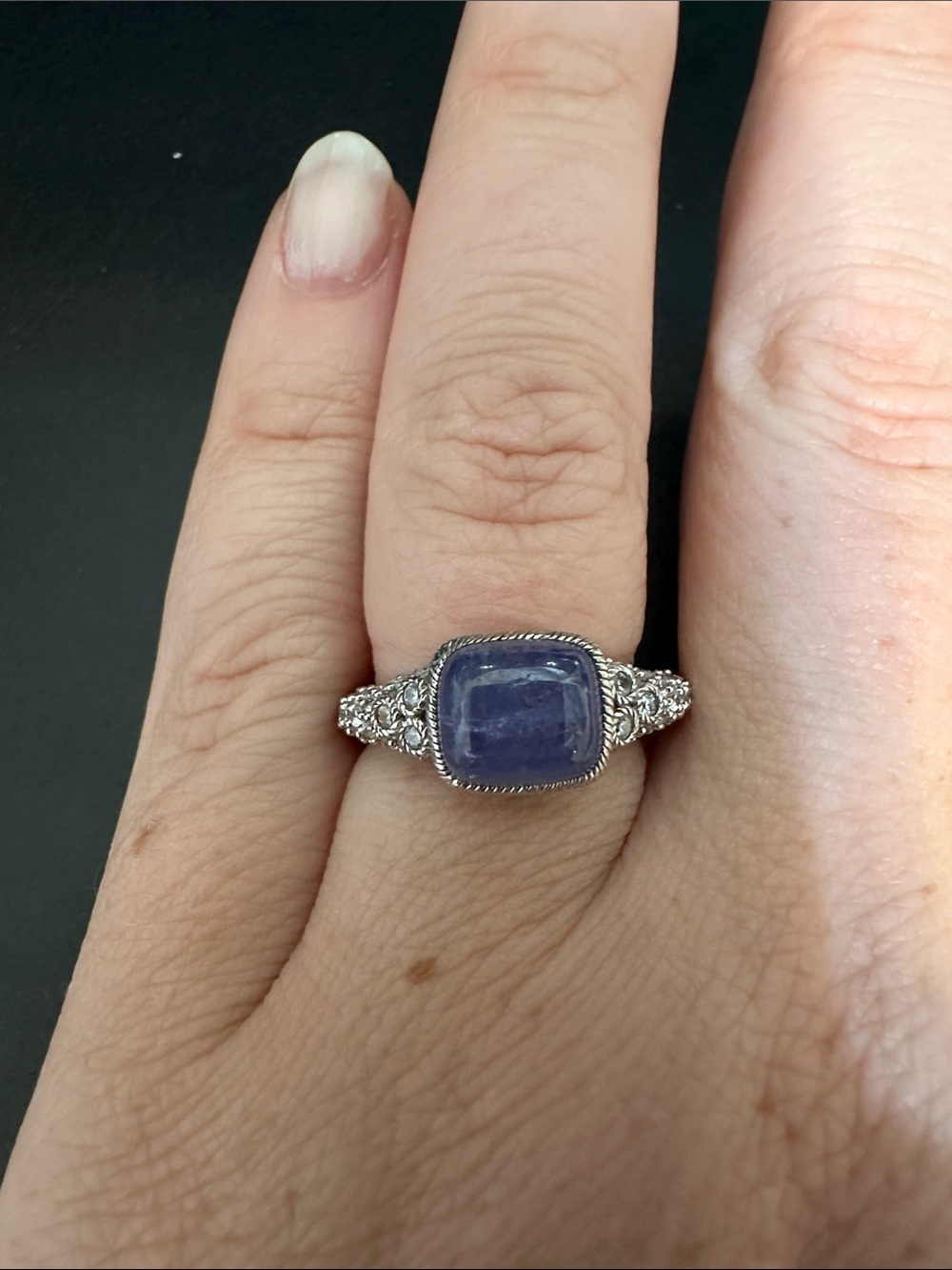 Judith Ripka Sterling Silver, Opaque Tanzanite Cabochon, & CZ Ring